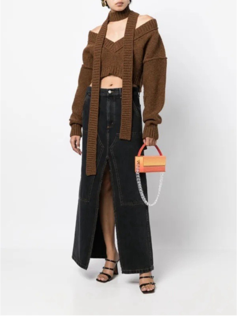 MERYLL ROGGE Cropped V- Neck Halterneck Tie Sweater Jumper Shetland Brown Ribbed